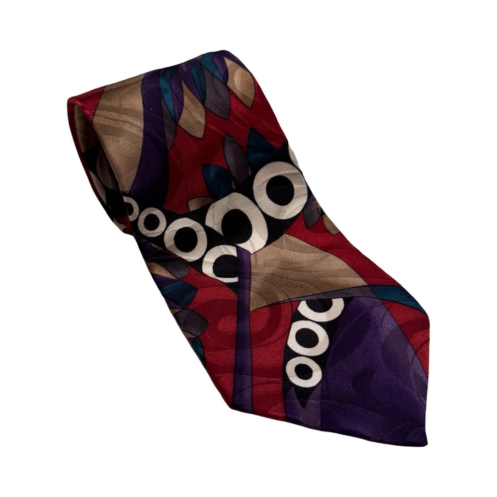 Paolo Rossi Designer Collection Silk Tie Abstract Geometric Burgundy Purple Tan